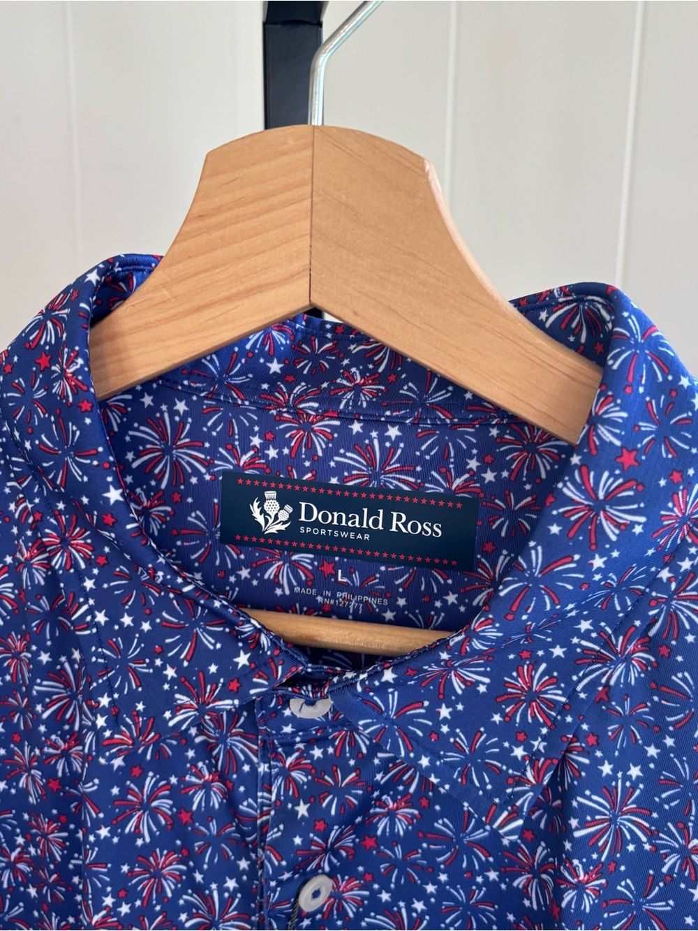 Donald Ross Fireworks Golf Polo Navy Red White Mens L NWT UPF 50 Athleisure
